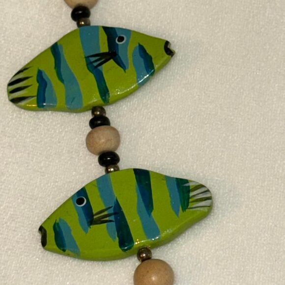 Vintage Hand Painted Green and Blue Fish Necklace - Picture 4 of 7